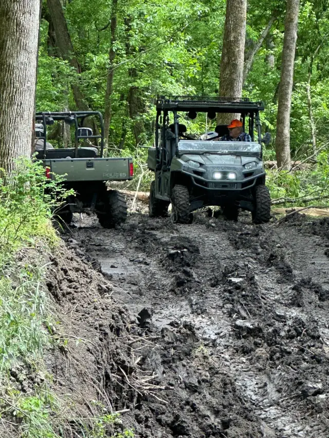 Two Polaris side-by-sides driving through deep mud on a wooded trail.