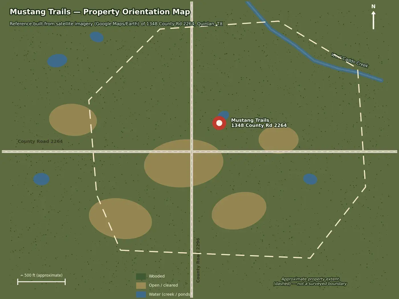 Orientation map of the Mustang Trails property and the roads around it.