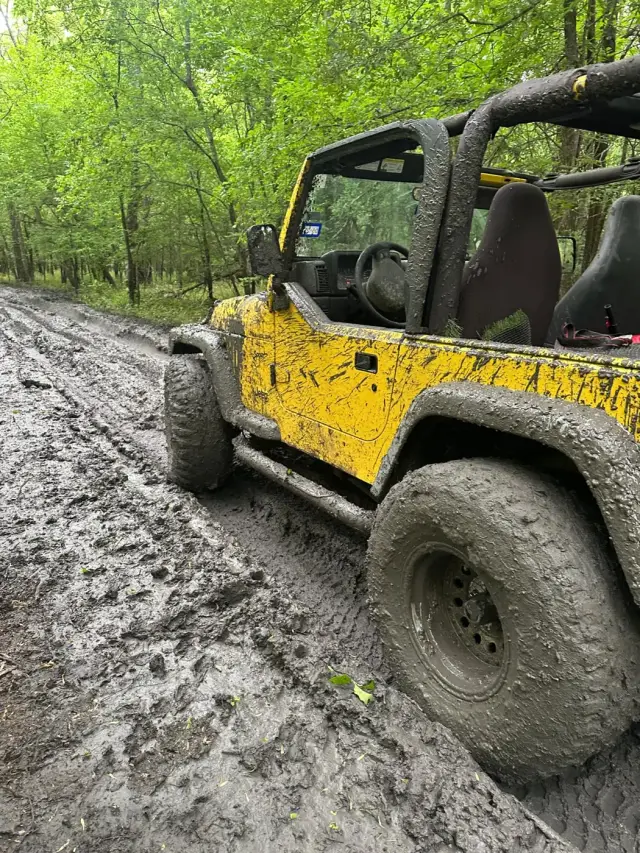 A mud-caked yellow Jeep on a wet forest trail.